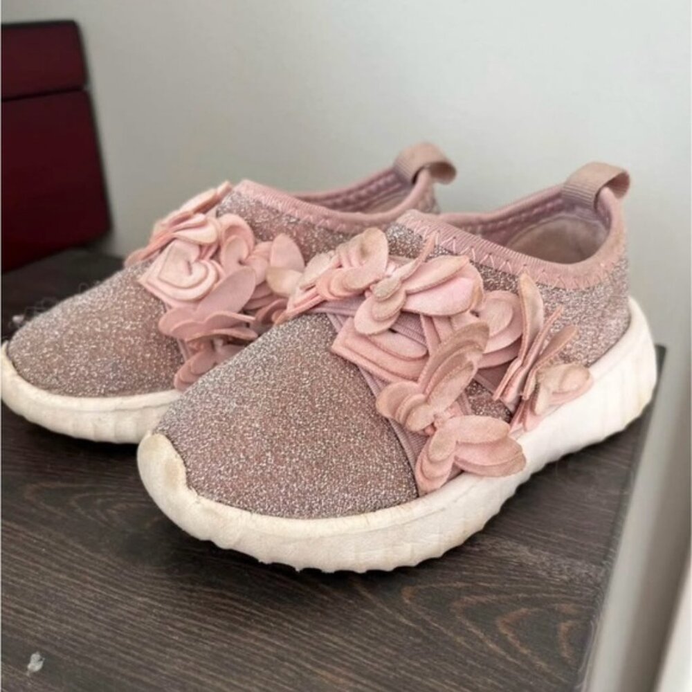 Pink Glitter Baby Shoes with Floral Accents